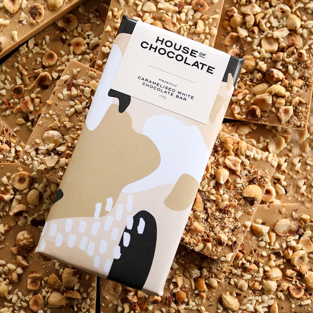 NZ Dry Roasted Hazelnut Caramelised White Chocolate Bar HouseofChocolate